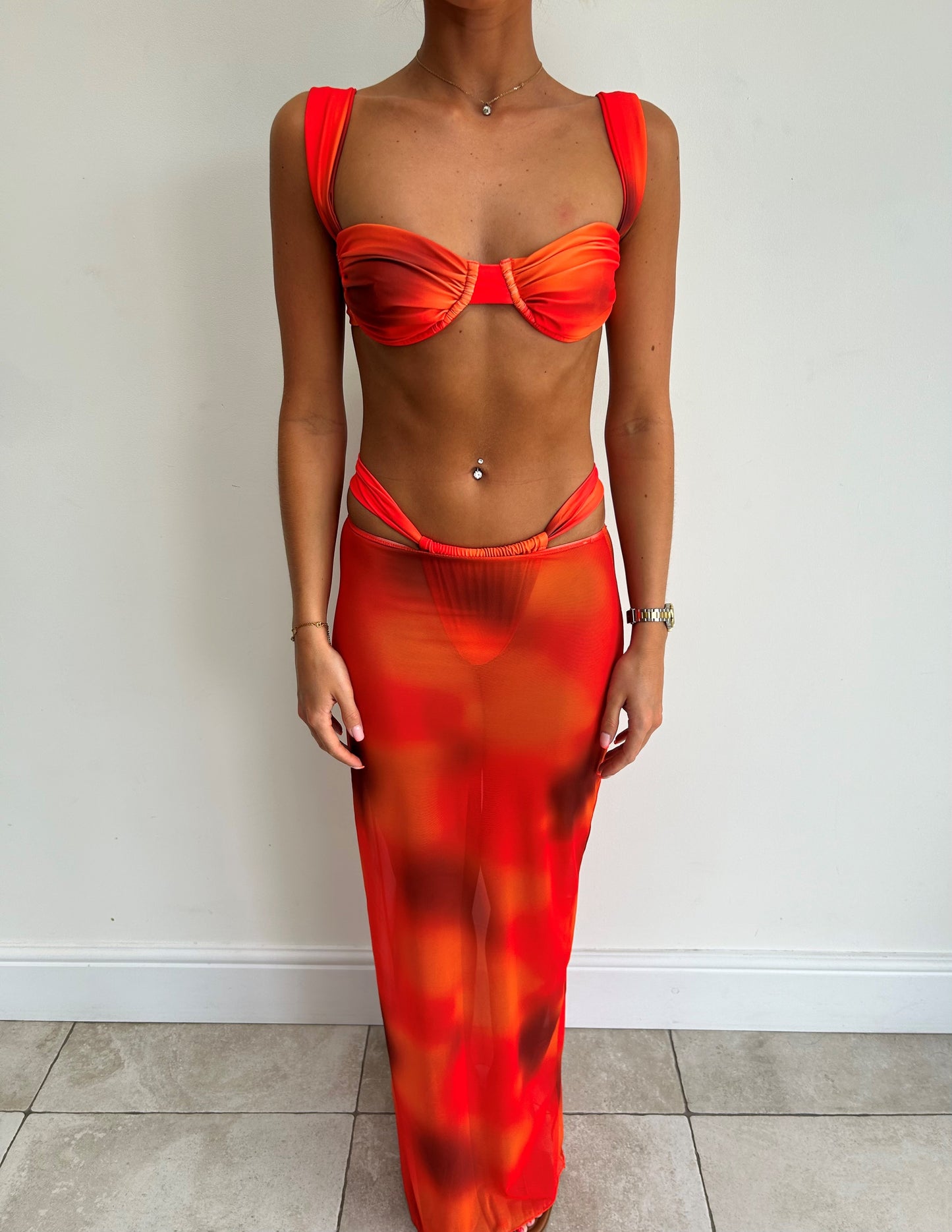 Red Sunset Ombre Mesh Maxi Skirt